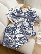Ensemble Coordonné T-shirt et Short Imprimé Toile de Jouy – Casual Chic