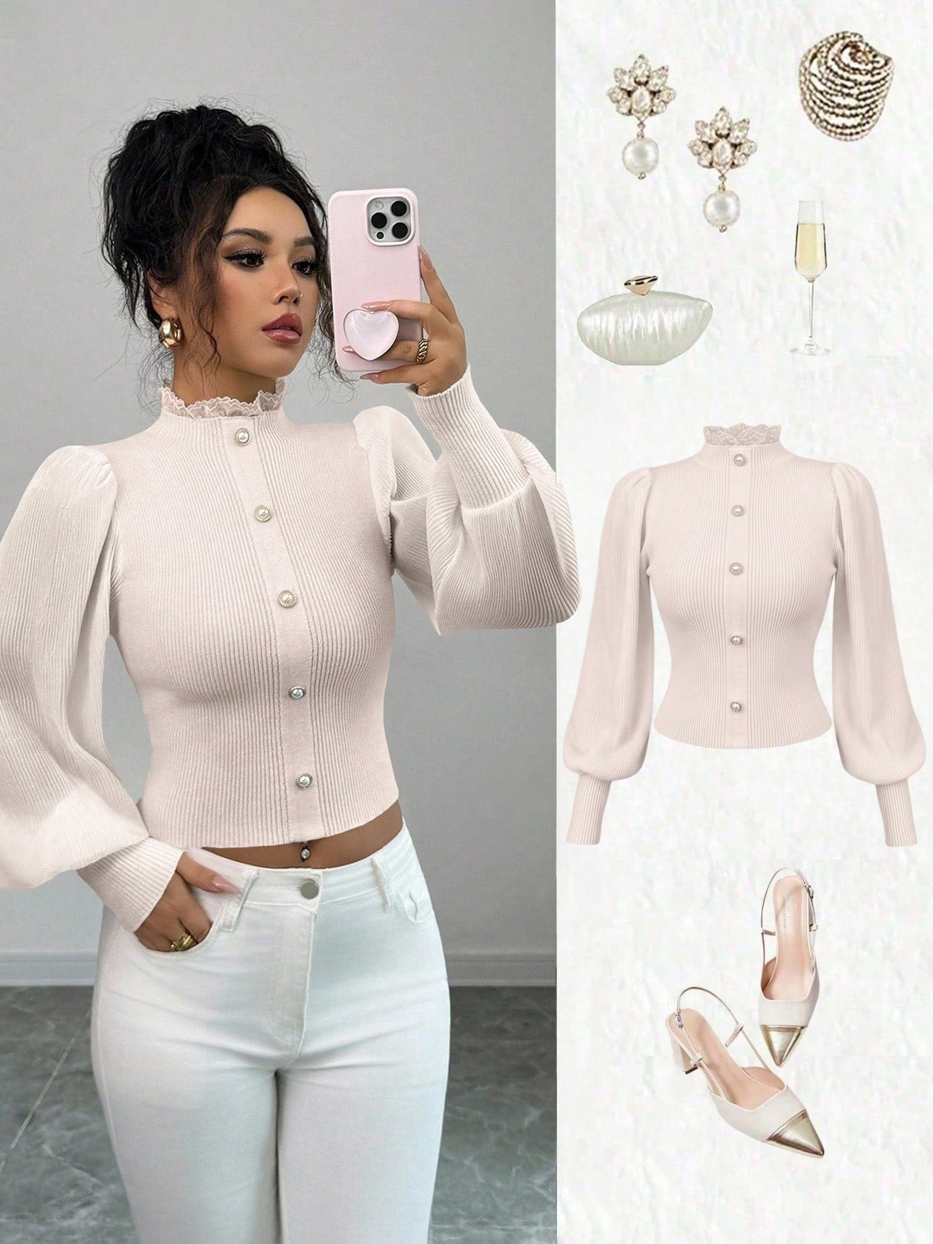 Pull avec boutons en perles et manches lanternes Image secondaire du produit