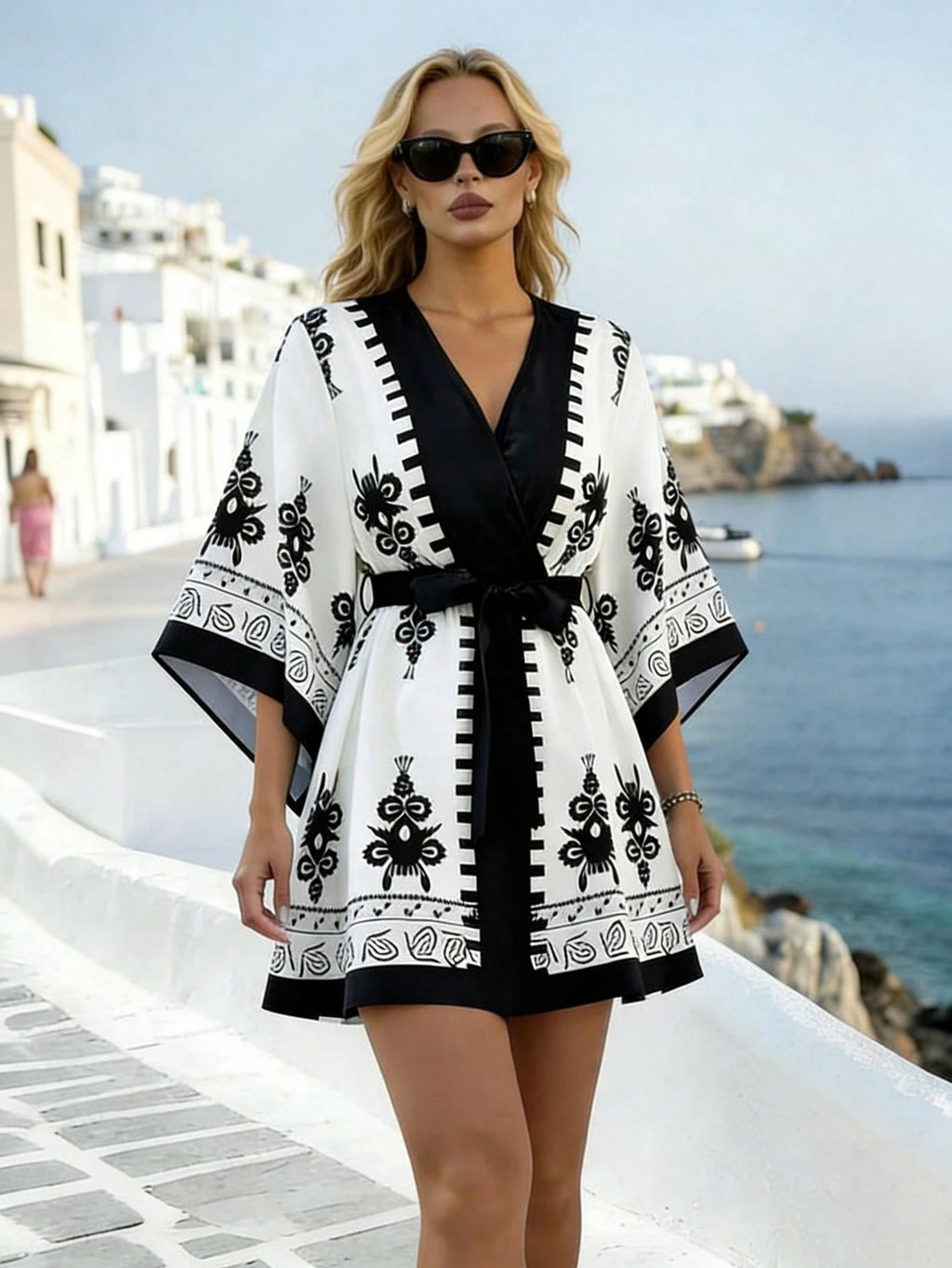 Robe Courte Style Kimono Brodée – Élégance Resort