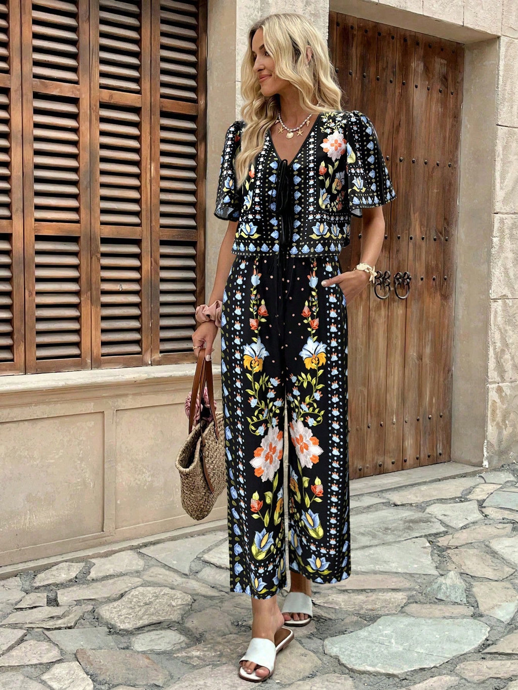 Ensemble Coordonné Top et Pantalon Imprimé Azulejos – Esprit Riviera
