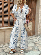 Ensemble Coordonné Top et Pantalon Imprimé Azulejos – Esprit Riviera